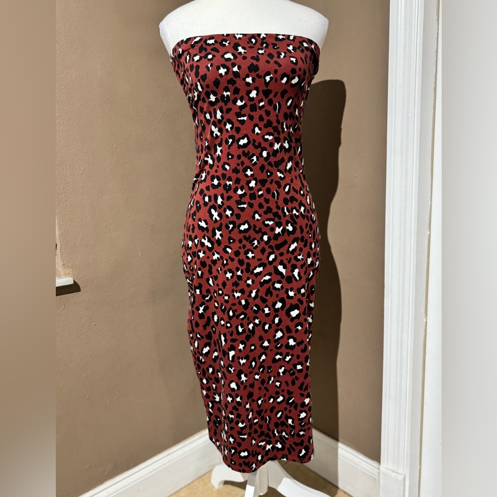 Rust, Black & White Leopard Print Midi Bodycon Strapless Dress, Size L.